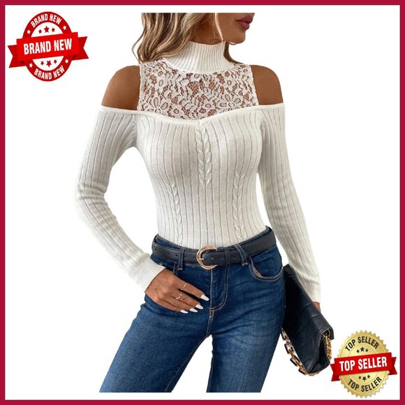 Cold Shoulder Lace Pullover Sweater Slim Fit Rib Knit Women's Top